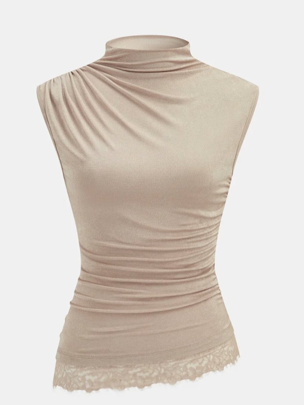 Commense High Neck Sleeveless Ruched Lace Trim Blouse